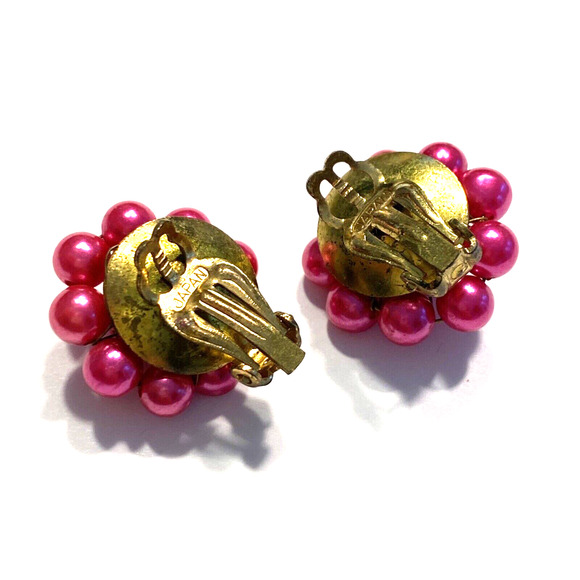 Vintage Mid Century Clip On Earrings Fuschia Pink Beaded Clusters Signed Japan - Picture 5 of 7